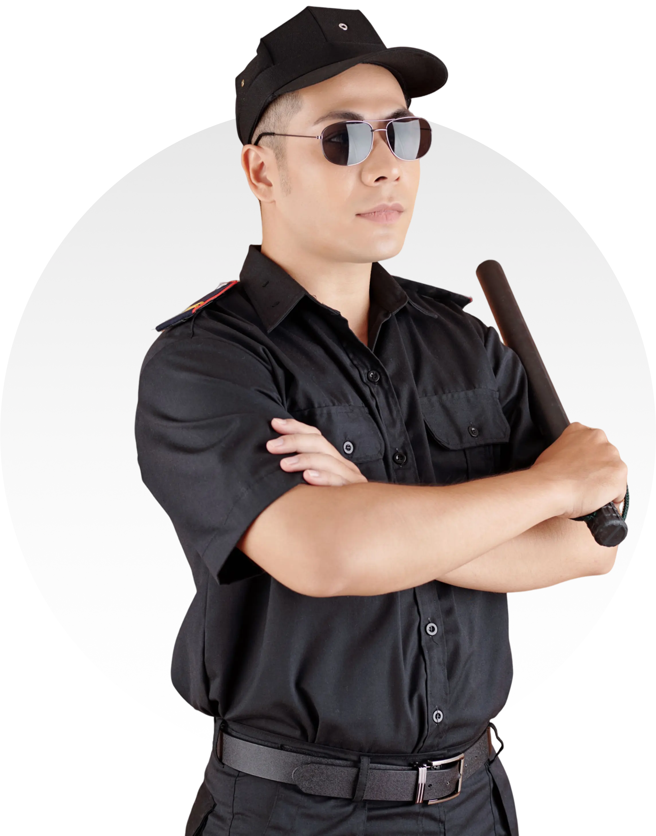 Group 1321317251 A person in a black security uniform and cap, wearing sunglasses, holding a baton, and crossing their arms, stands against a gradient background.