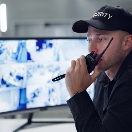 Man, security guard on radio and speaking by cctv monitor for protection, building safety or data center. Inspection, video surveillance agency and control room with footage, computer and watching Security guard, walkie talkie and speaking by cctv monitor for protection, building safety or data center. Inspection, video surveillance agency and control room with footage, computer and rear view